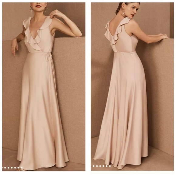 • BHLDN Anthropologie • Tansy Satin Ruffle V-Neck True Wrap Maxi Gown Light Pink - Picture 1 of 7